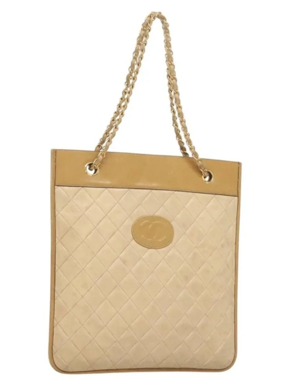 CHANEL Chain Shoulder Bag Lamb Skin Beige Gold CC Auth bs26856
